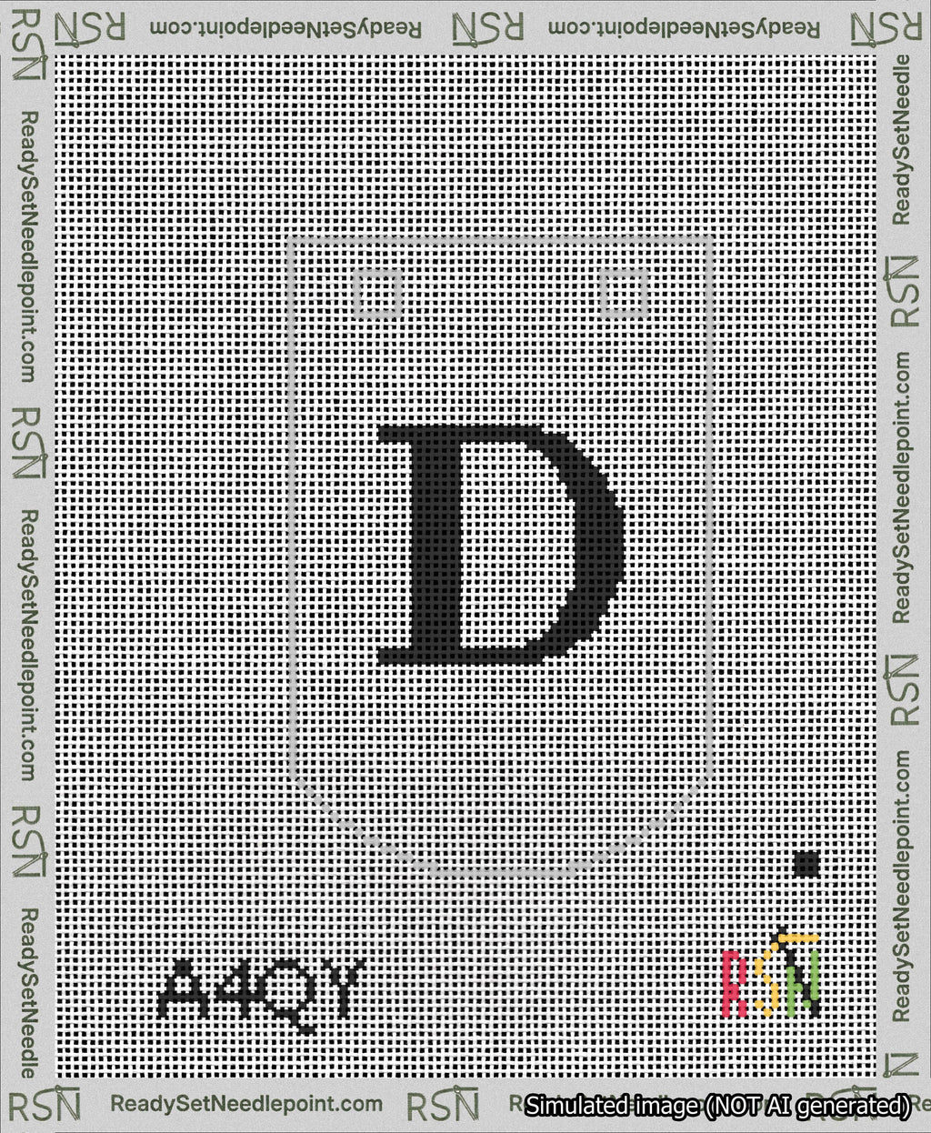 A taped needlepoint canvas with the design: Banner 13 mesh count Curved D Black on White.