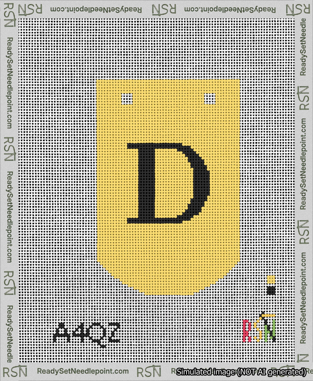 A taped needlepoint canvas with the design: Banner 13 mesh count Curved D Black on Yellow.