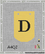 A taped needlepoint canvas with the design: Banner 13 mesh count Curved D Black on Yellow.