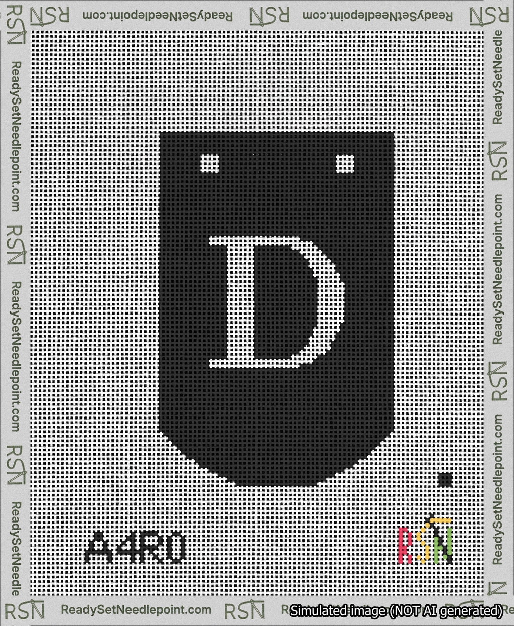 A taped needlepoint canvas with the design: Banner 13 mesh count Curved D White on Black.
