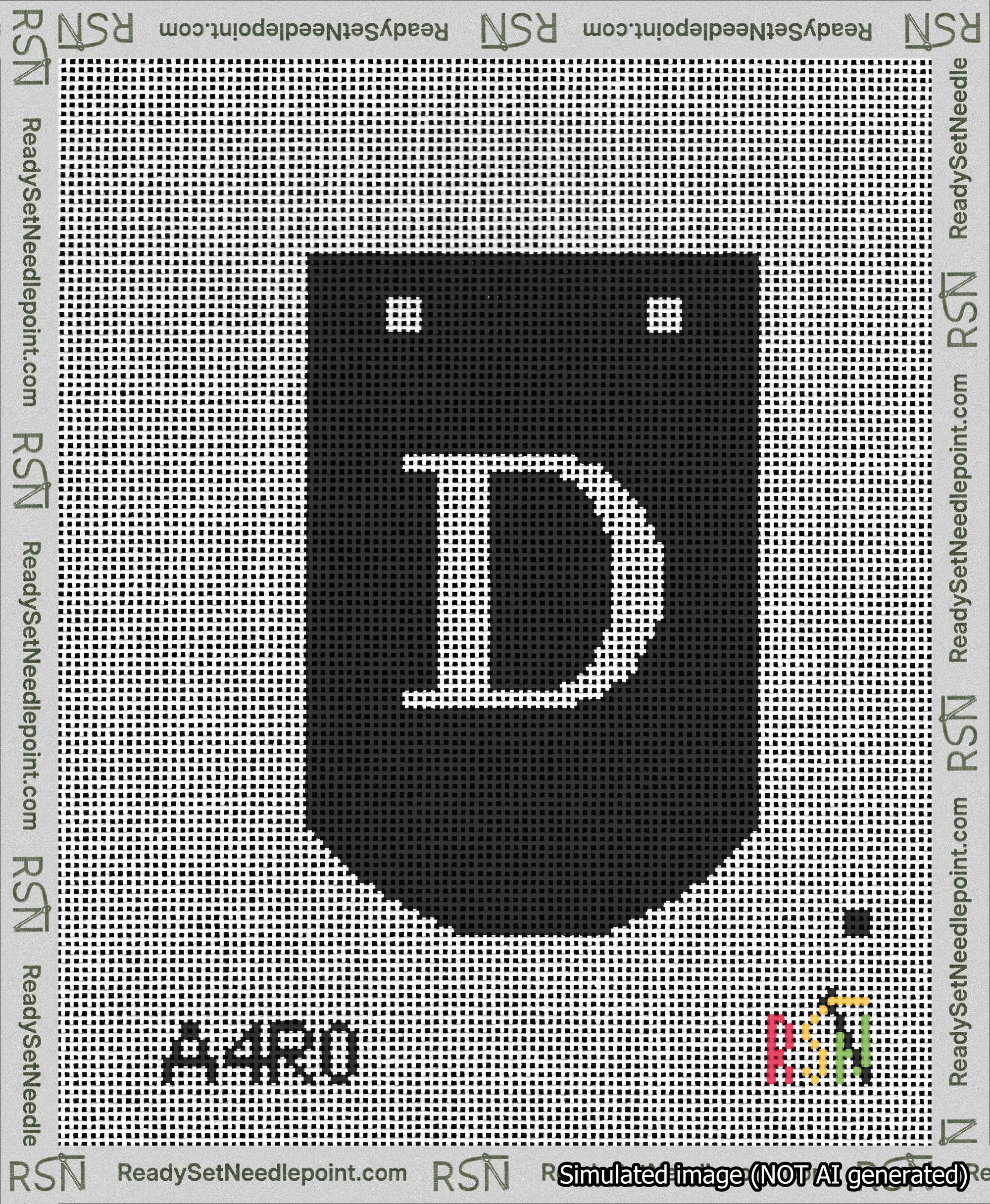 A taped needlepoint canvas with the design: Banner 13 mesh count Curved D White on Black.