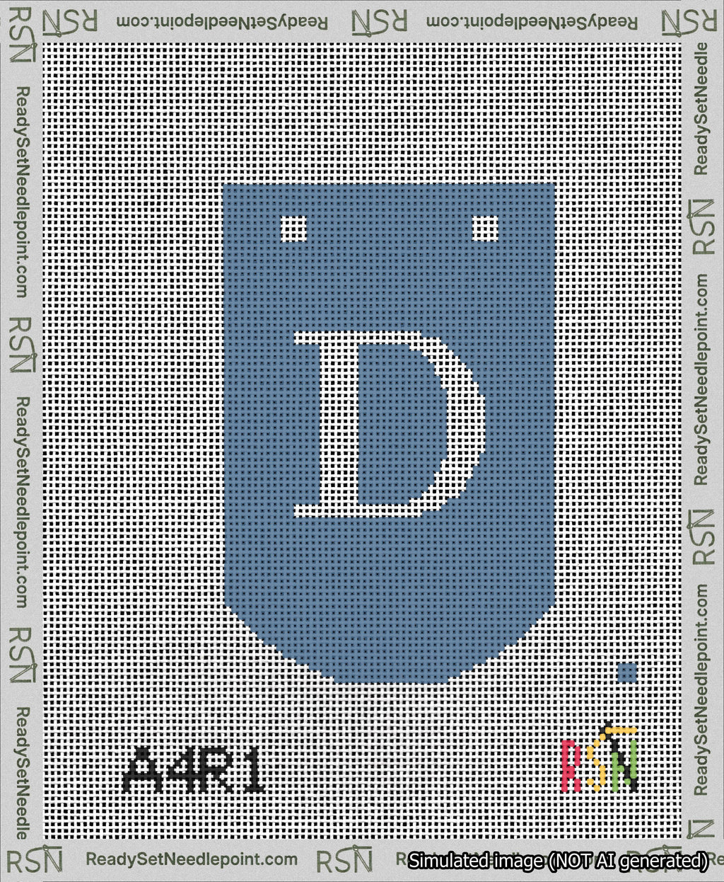 A taped needlepoint canvas with the design: Banner 13 mesh count Curved D White on Blue.
