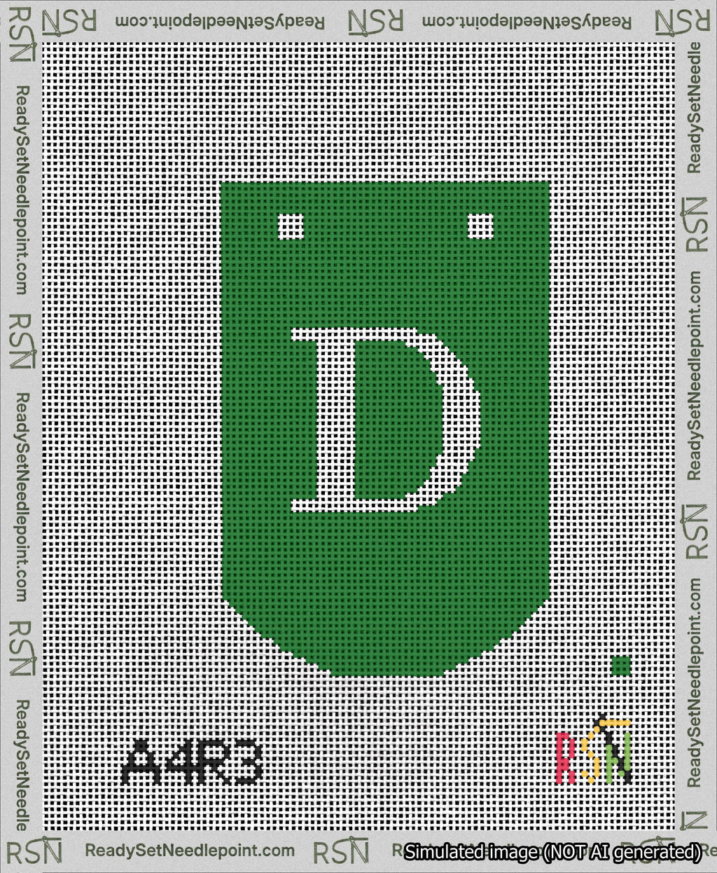 A taped needlepoint canvas with the design: Banner 13 mesh count Curved D White on Green.