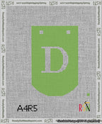 A taped needlepoint canvas with the design: Banner 13 mesh count Curved D White on Light Green.