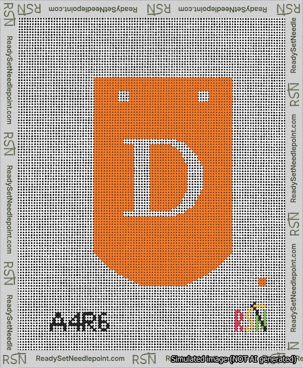 A taped needlepoint canvas with the design: Banner 13 mesh count Curved D White on Orange.