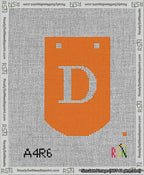 A taped needlepoint canvas with the design: Banner 13 mesh count Curved D White on Orange.