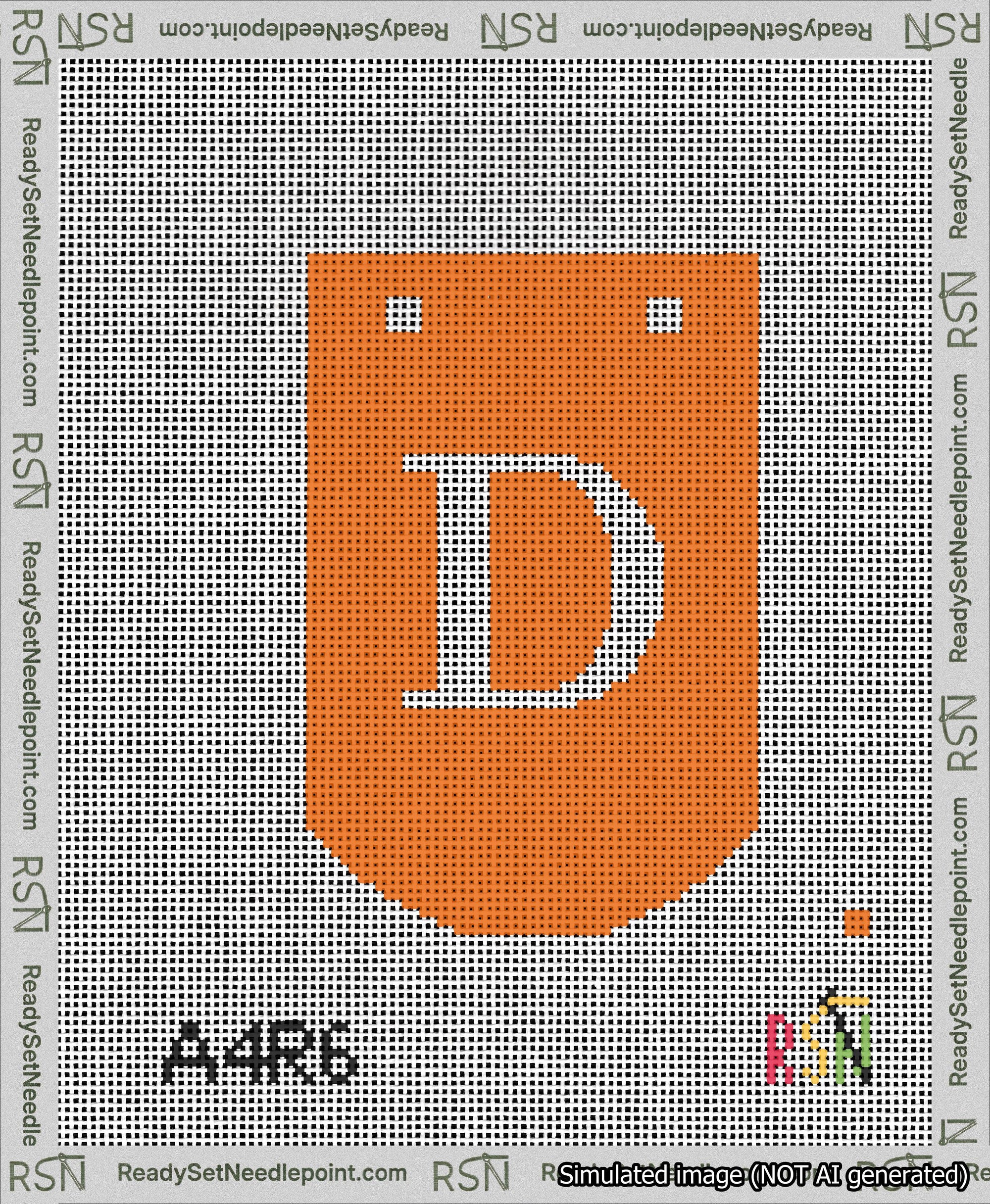 A taped needlepoint canvas with the design: Banner 13 mesh count Curved D White on Orange.