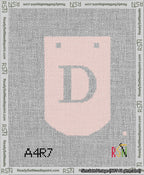 A taped needlepoint canvas with the design: Banner 13 mesh count Curved D White on Pink.