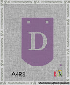 A taped needlepoint canvas with the design: Banner 13 mesh count Curved D White on Purple.
