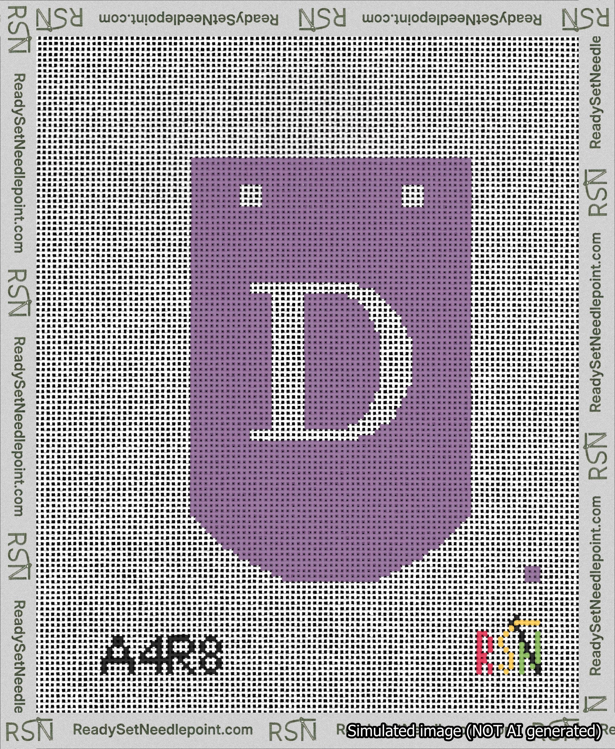 A taped needlepoint canvas with the design: Banner 13 mesh count Curved D White on Purple.