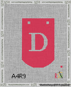 A taped needlepoint canvas with the design: Banner 13 mesh count Curved D White on Red.