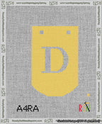 A taped needlepoint canvas with the design: Banner 13 mesh count Curved D White on Yellow.