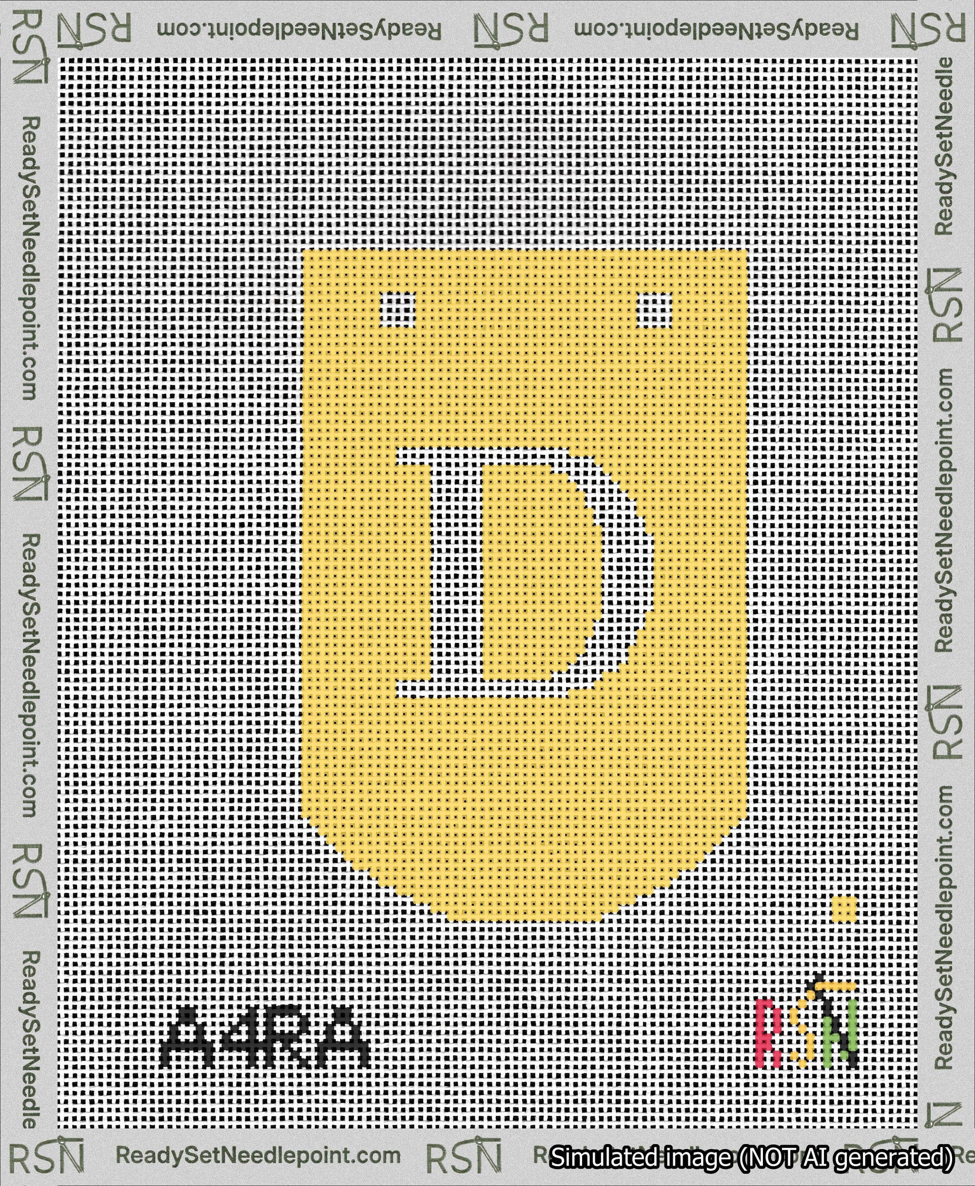 A taped needlepoint canvas with the design: Banner 13 mesh count Curved D White on Yellow.