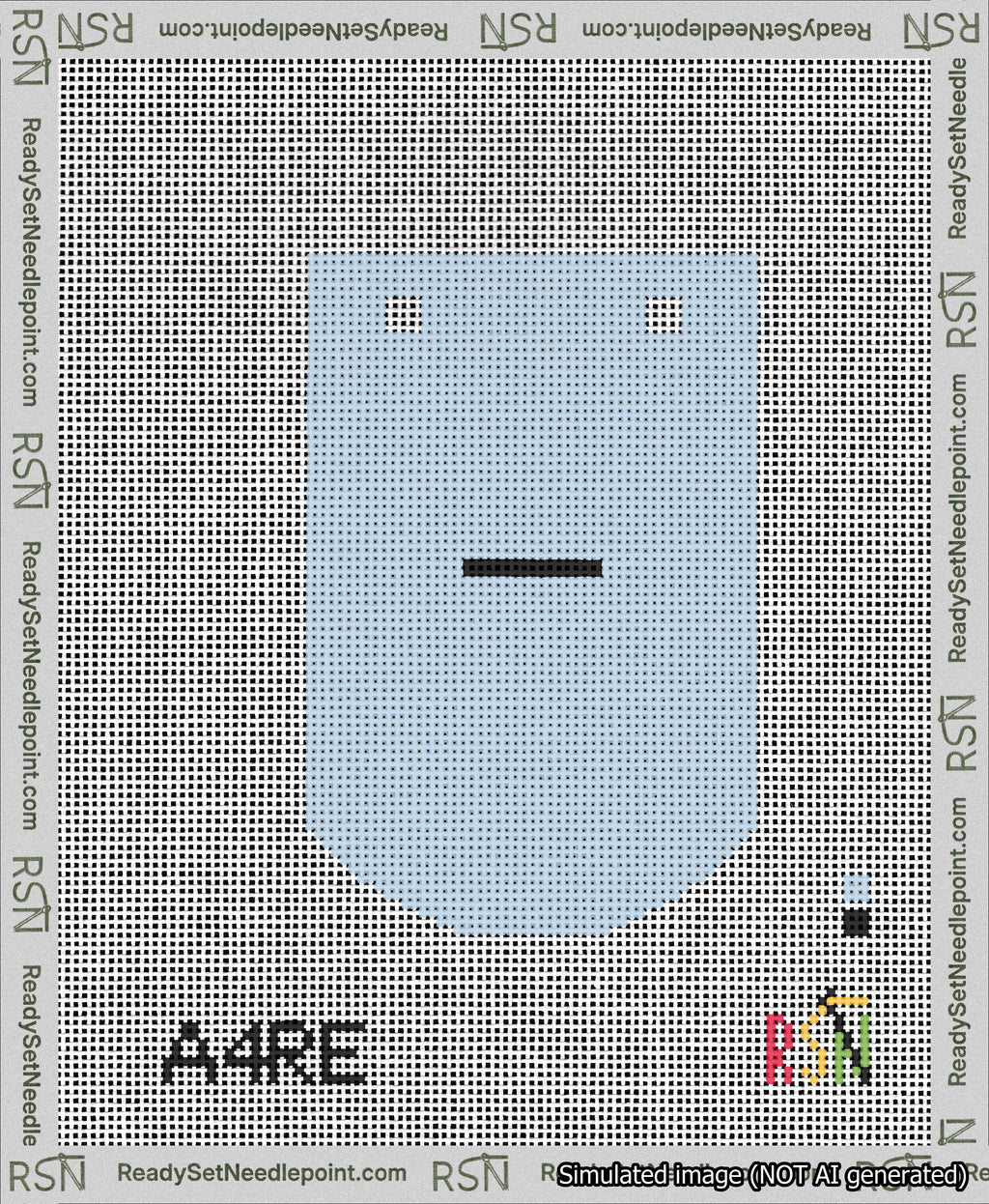 A taped needlepoint canvas with the design: Banner 13 mesh count Curved Dash Black on Light Blue.