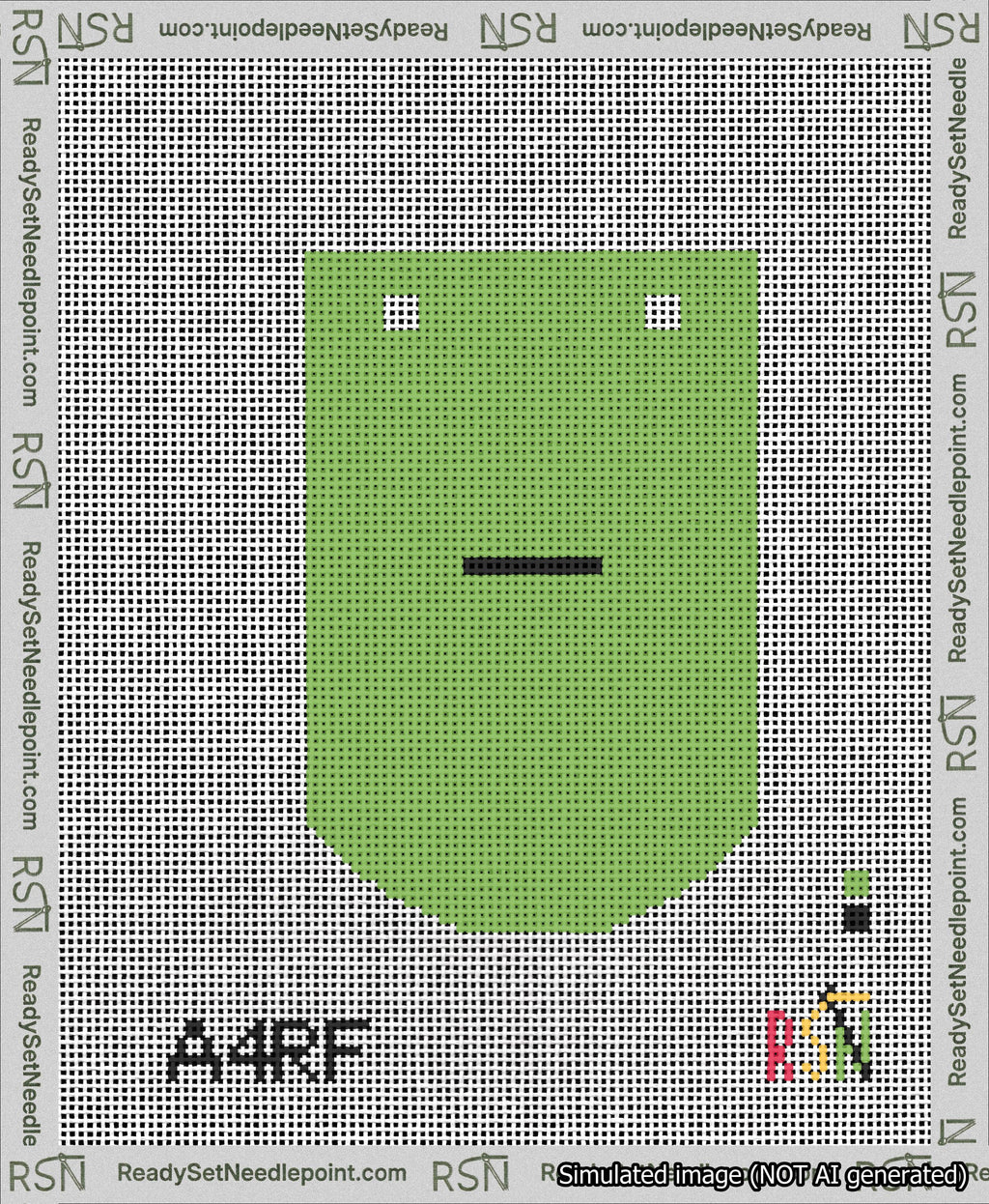 A taped needlepoint canvas with the design: Banner 13 mesh count Curved Dash Black on Light Green.