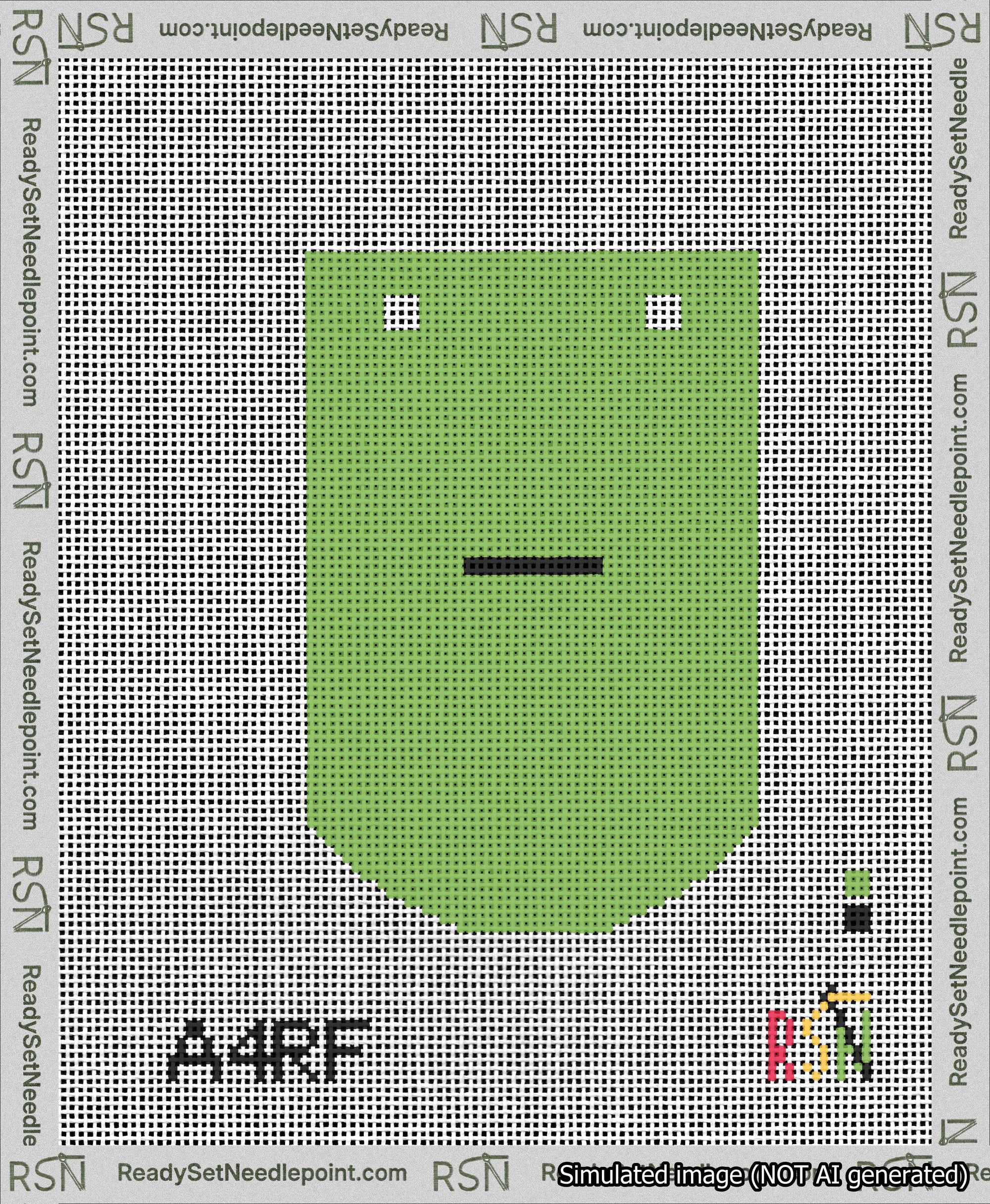 A taped needlepoint canvas with the design: Banner 13 mesh count Curved Dash Black on Light Green.