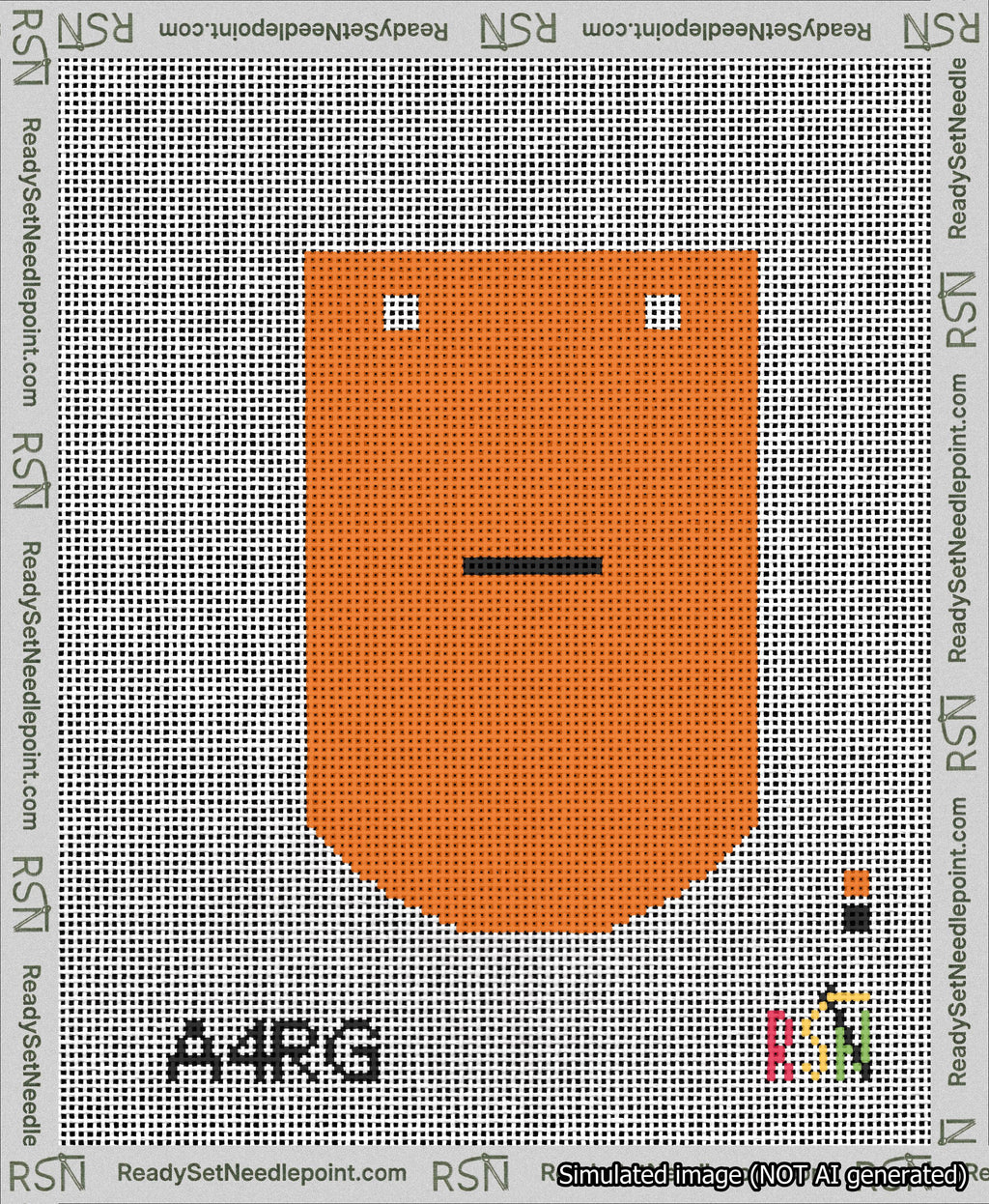 A taped needlepoint canvas with the design: Banner 13 mesh count Curved Dash Black on Orange.