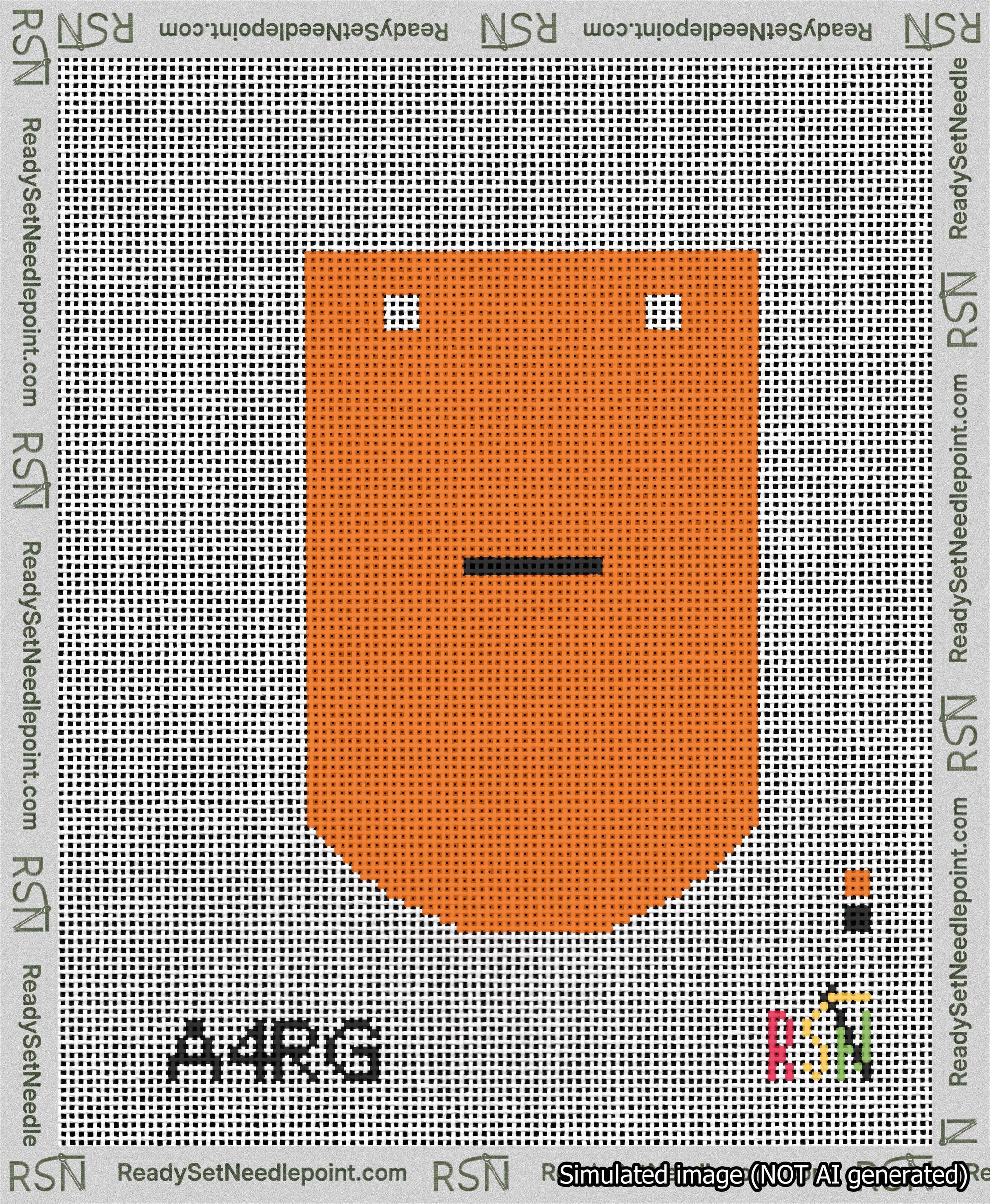 A taped needlepoint canvas with the design: Banner 13 mesh count Curved Dash Black on Orange.