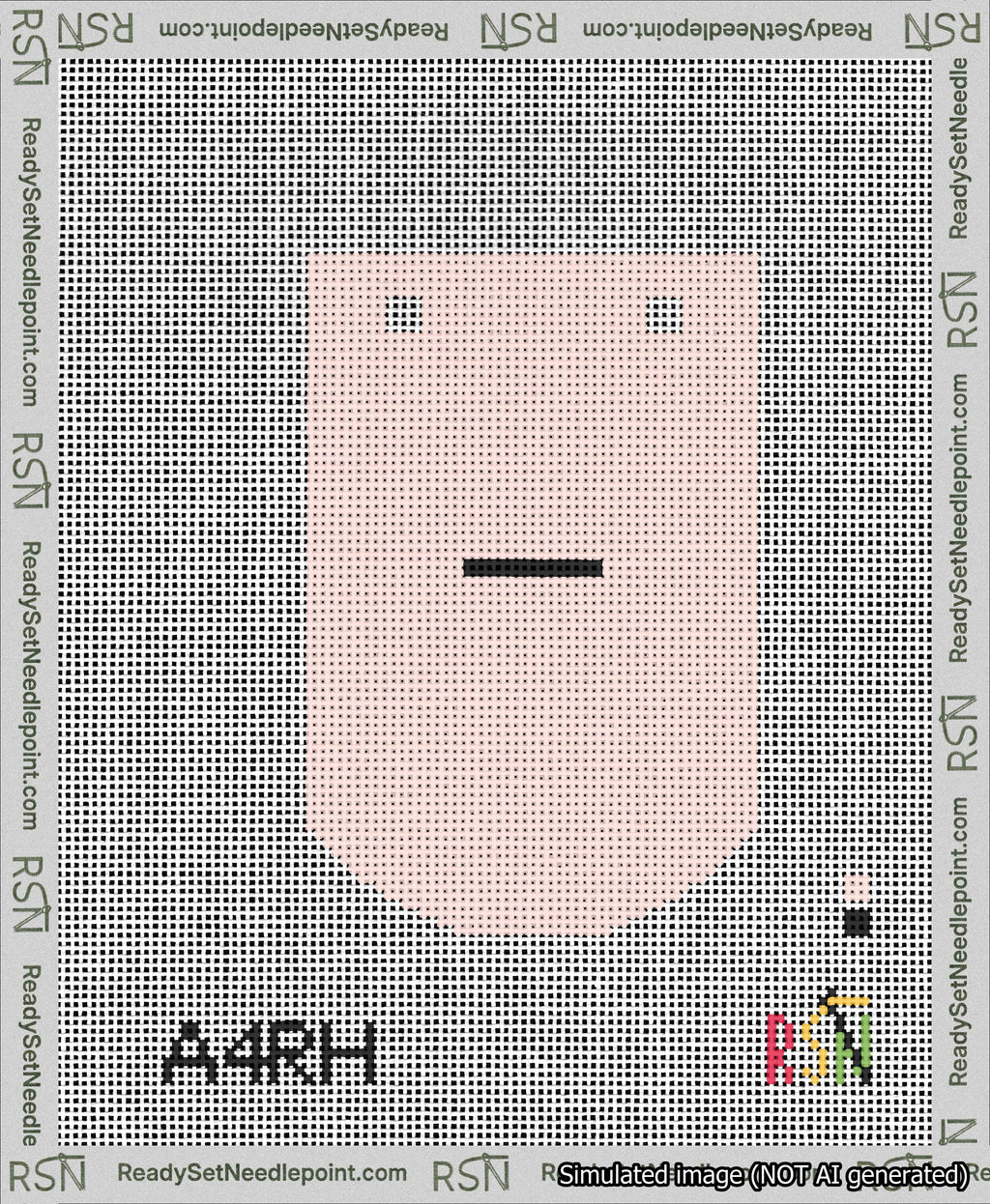 A taped needlepoint canvas with the design: Banner 13 mesh count Curved Dash Black on Pink.