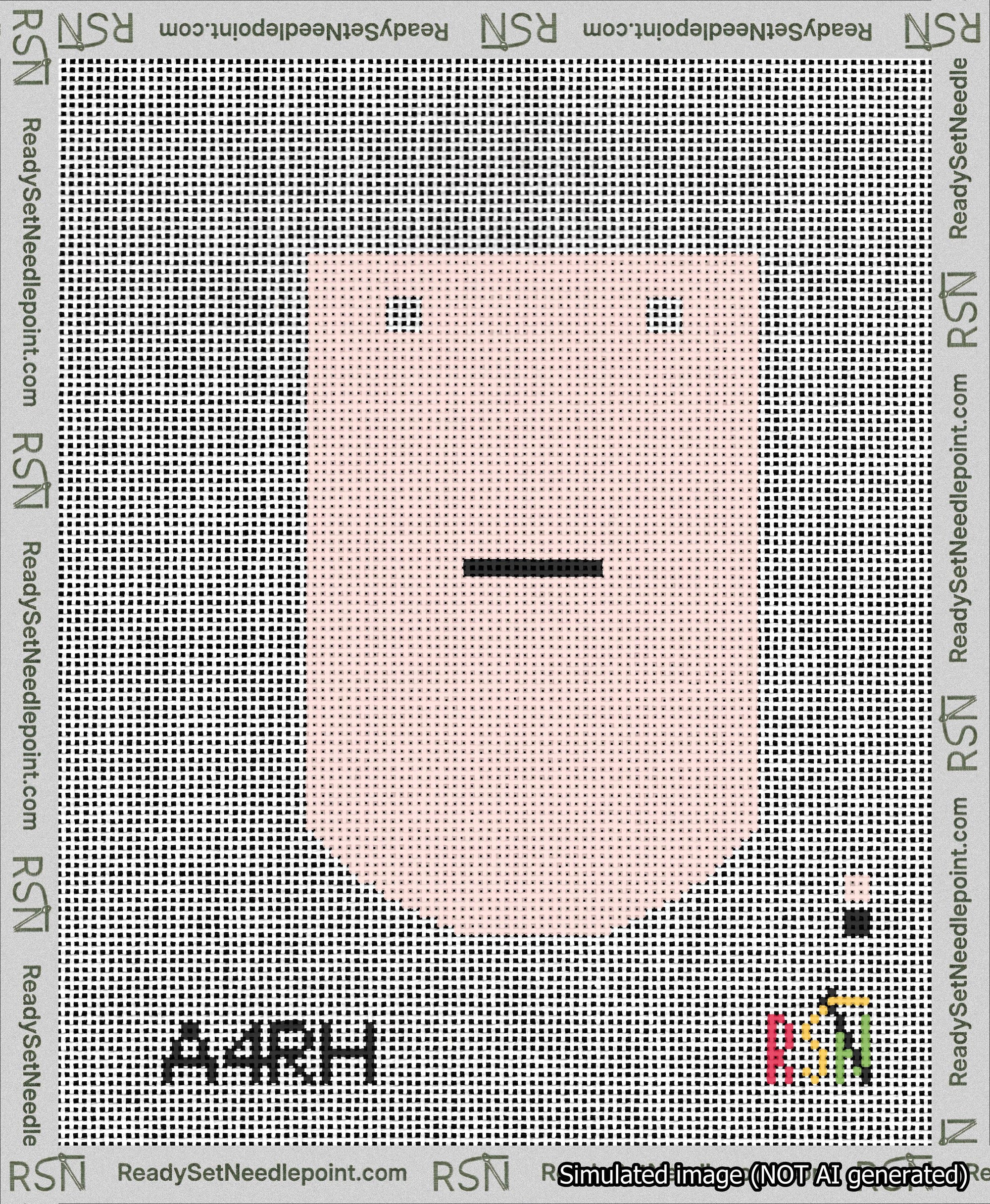 A taped needlepoint canvas with the design: Banner 13 mesh count Curved Dash Black on Pink.