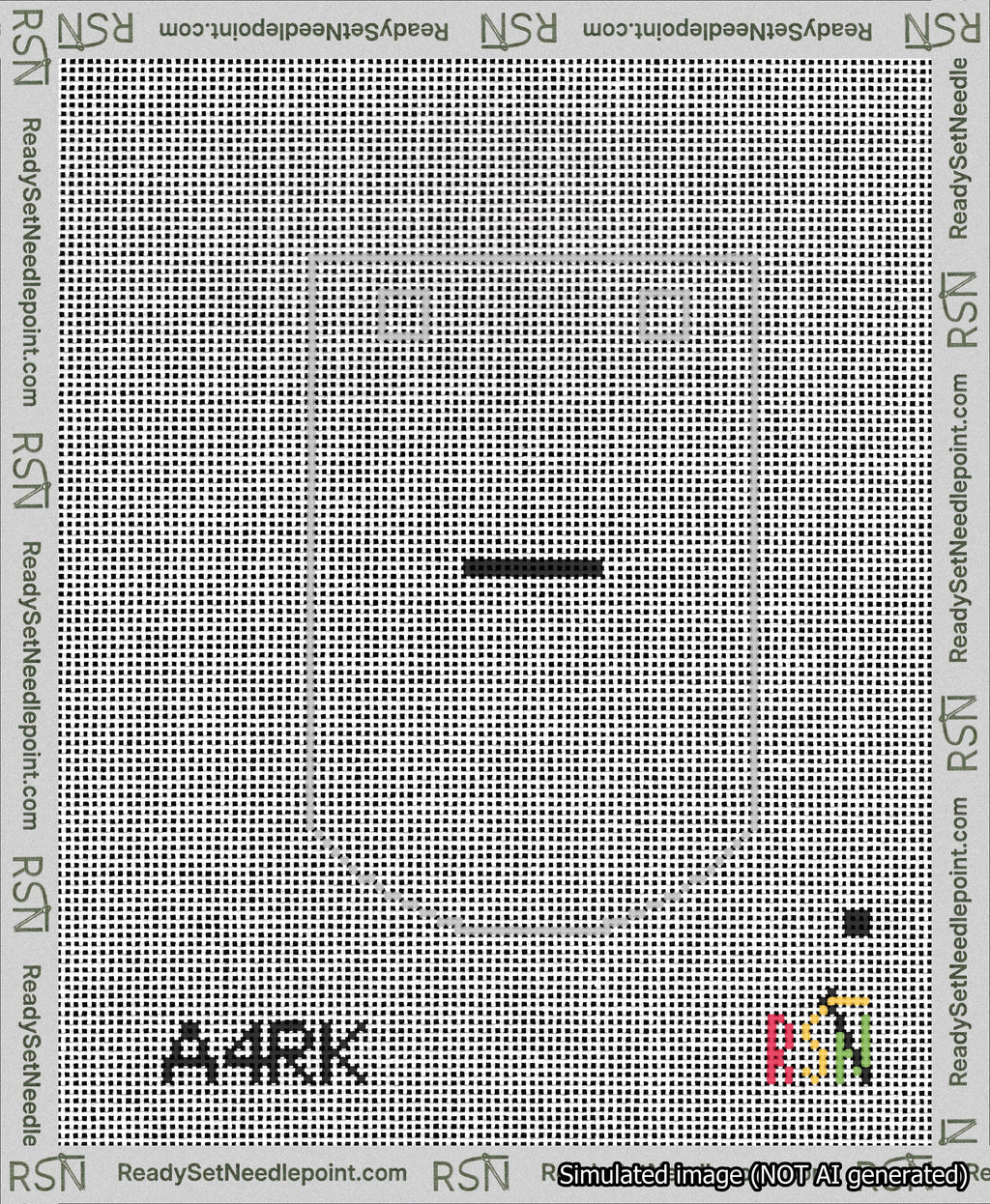 A taped needlepoint canvas with the design: Banner 13 mesh count Curved Dash Black on White.