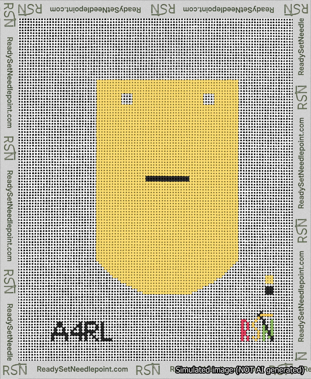 A taped needlepoint canvas with the design: Banner 13 mesh count Curved Dash Black on Yellow.