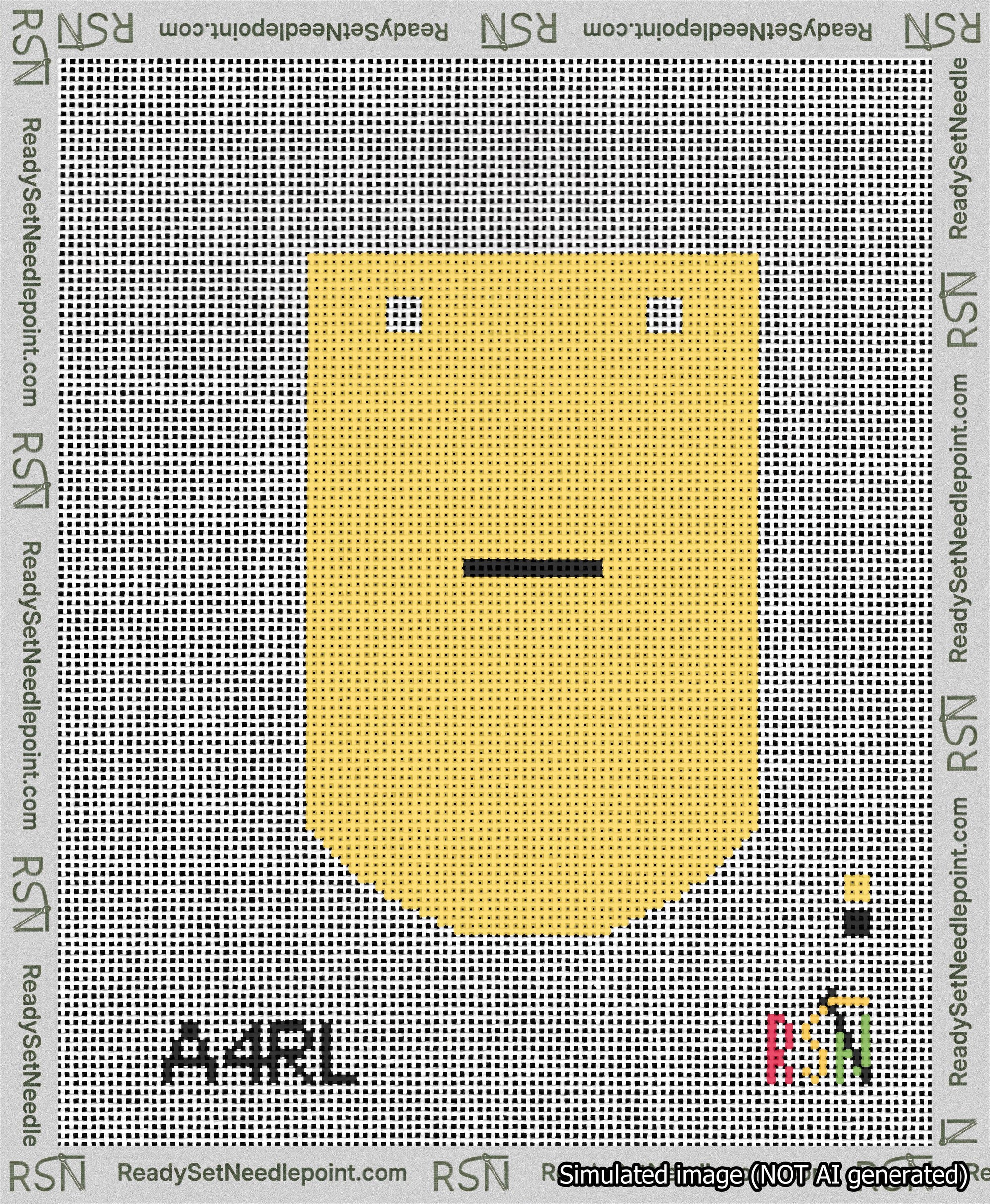 A taped needlepoint canvas with the design: Banner 13 mesh count Curved Dash Black on Yellow.