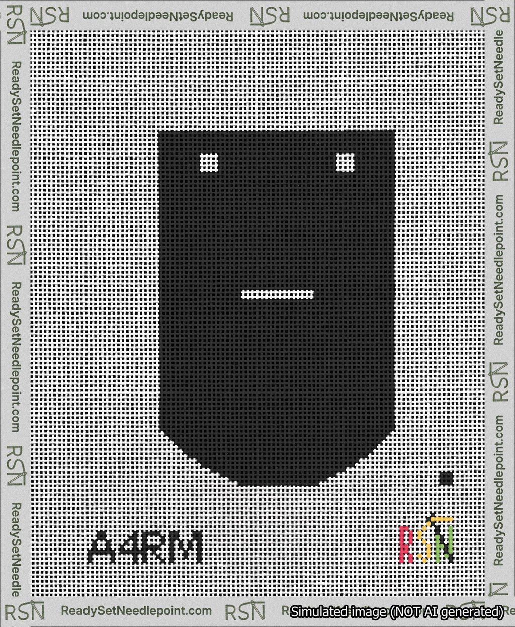 A taped needlepoint canvas with the design: Banner 13 mesh count Curved Dash White on Black.