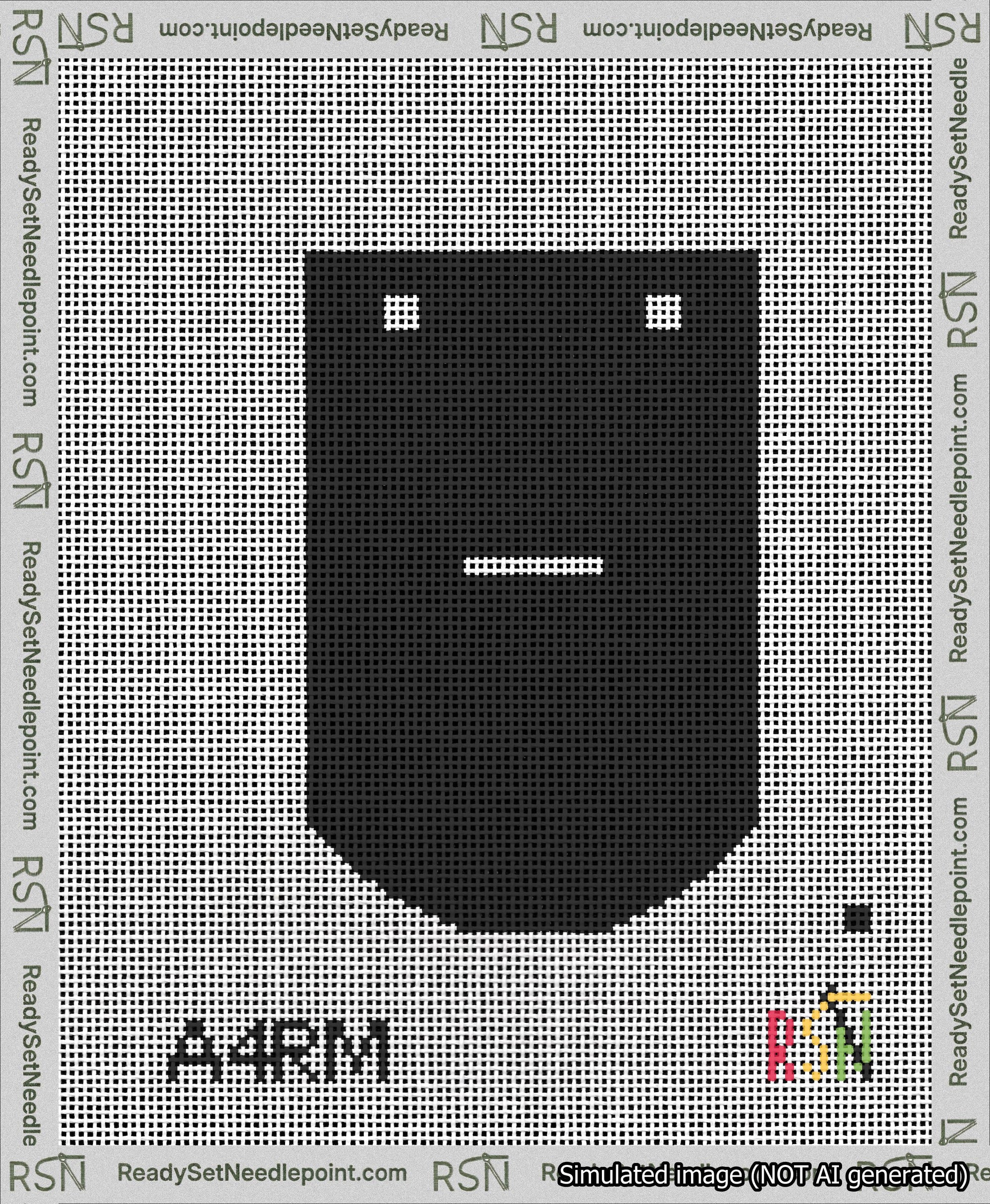 A taped needlepoint canvas with the design: Banner 13 mesh count Curved Dash White on Black.