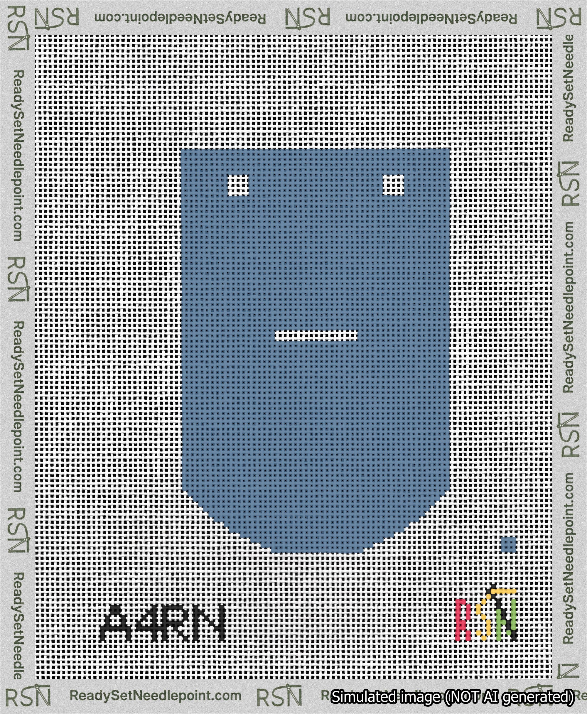 A taped needlepoint canvas with the design: Banner 13 mesh count Curved Dash White on Blue.