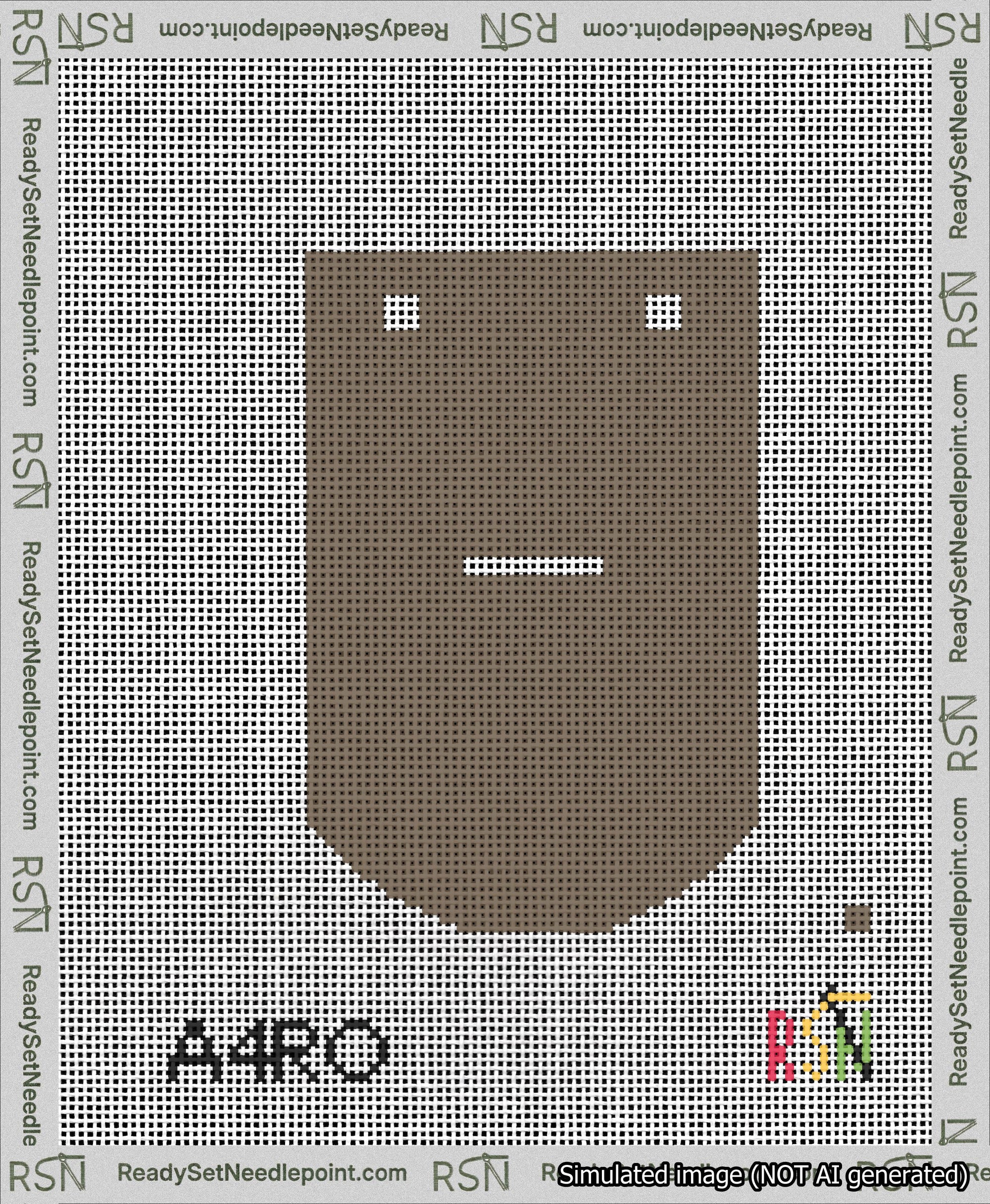 A taped needlepoint canvas with the design: Banner 13 mesh count Curved Dash White on Brown.