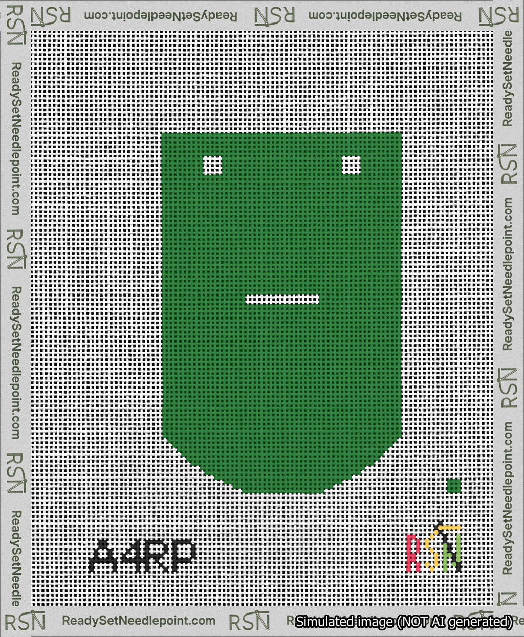 A taped needlepoint canvas with the design: Banner 13 mesh count Curved Dash White on Green.