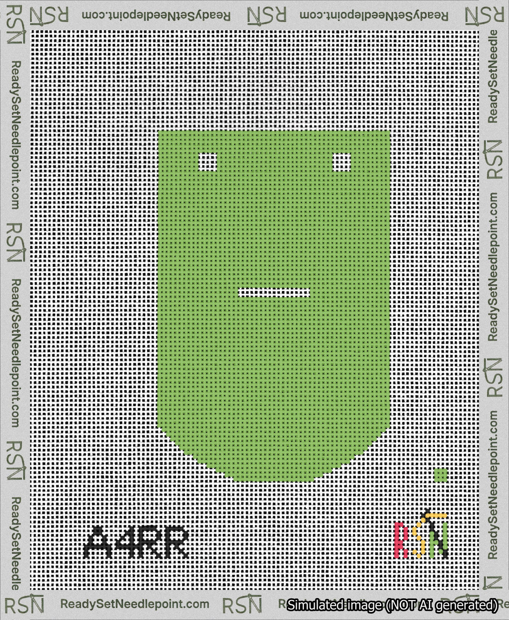 A taped needlepoint canvas with the design: Banner 13 mesh count Curved Dash White on Light Green.