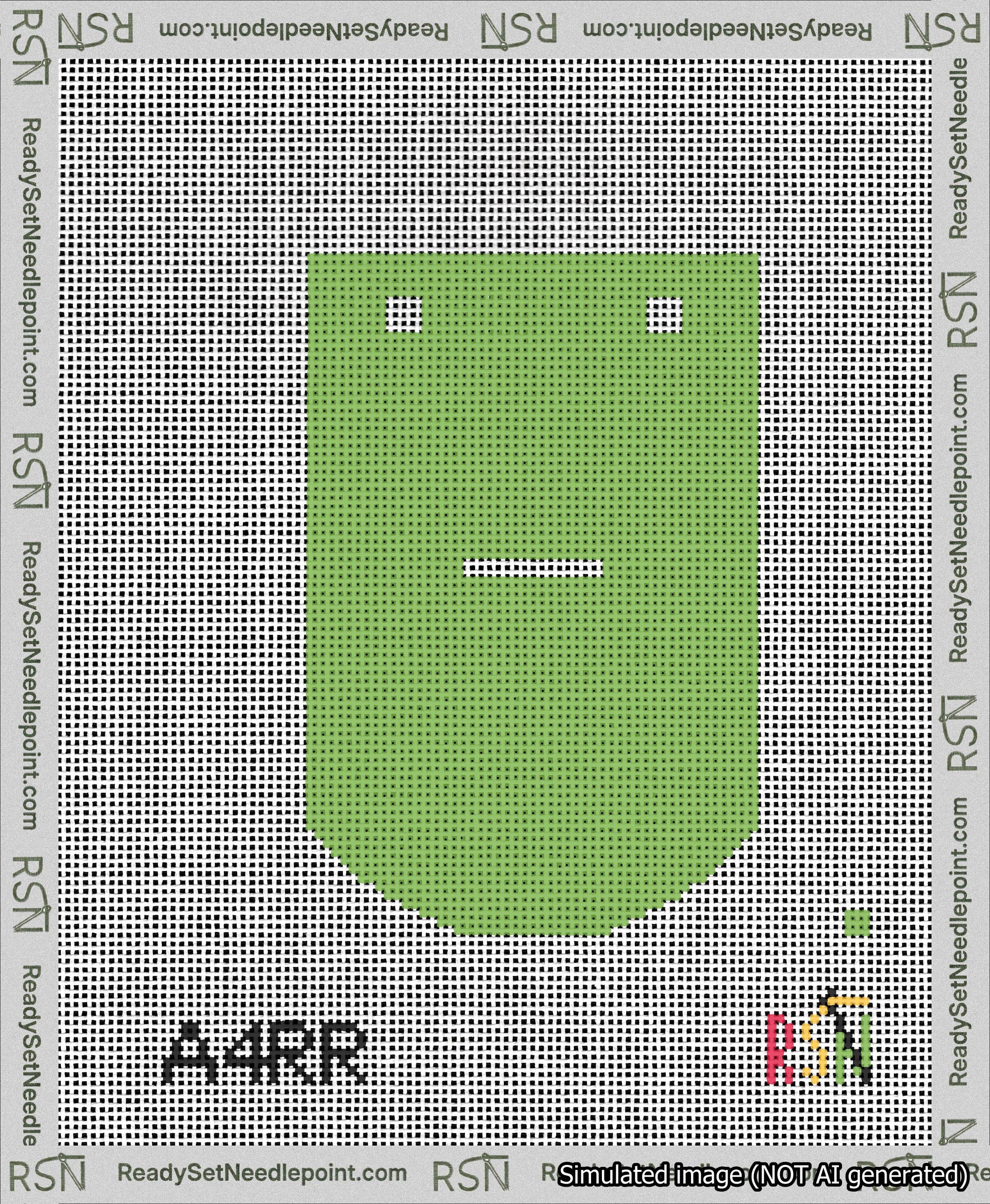 A taped needlepoint canvas with the design: Banner 13 mesh count Curved Dash White on Light Green.