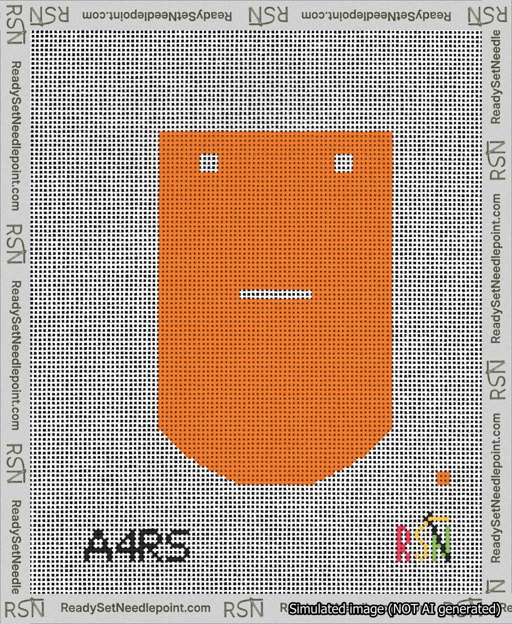 A taped needlepoint canvas with the design: Banner 13 mesh count Curved Dash White on Orange.