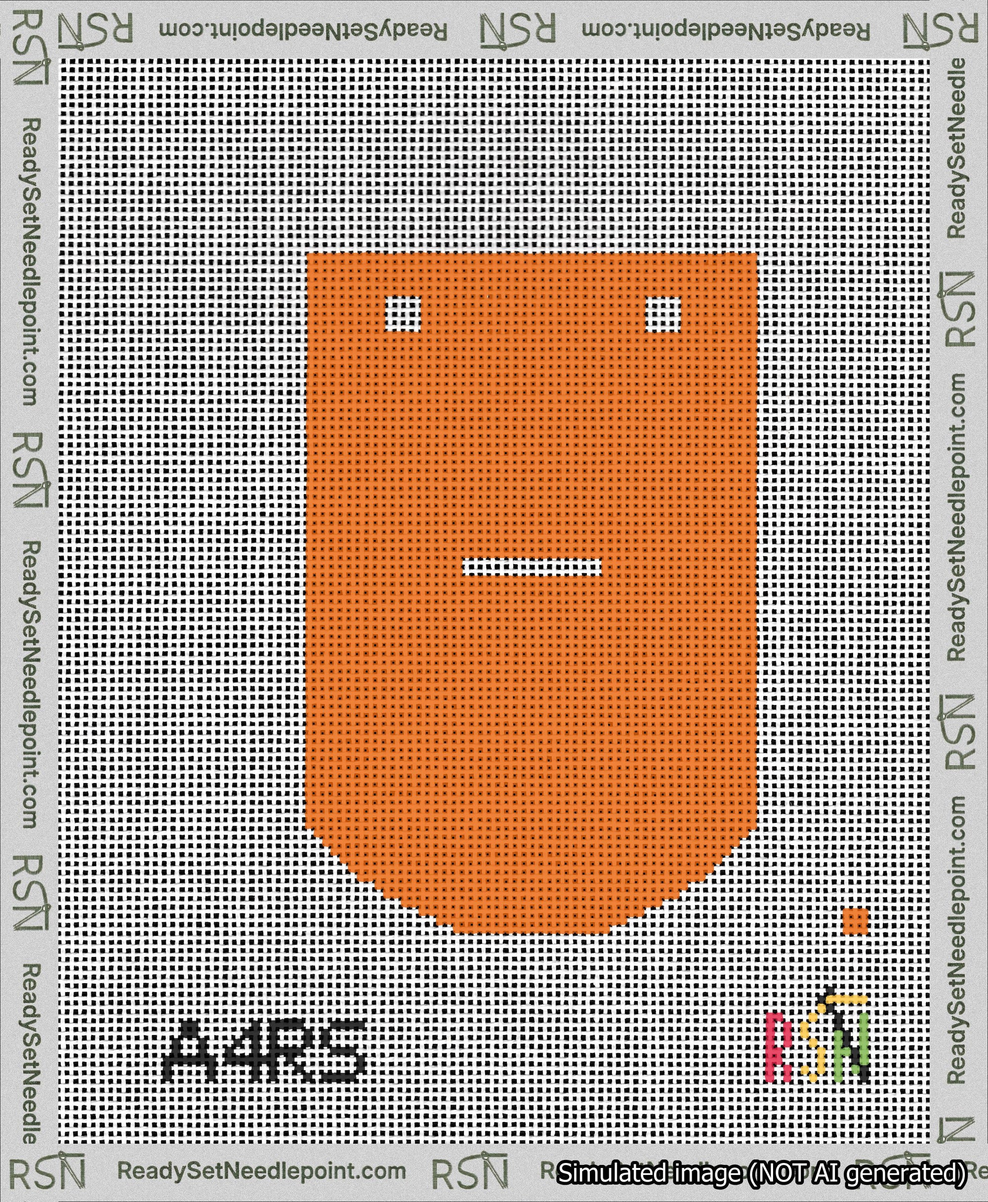 A taped needlepoint canvas with the design: Banner 13 mesh count Curved Dash White on Orange.