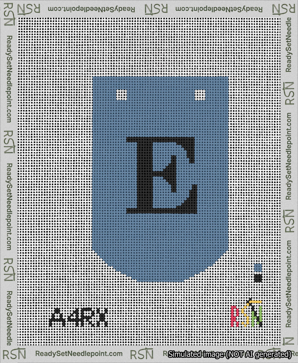A taped needlepoint canvas with the design: Banner 13 mesh count Curved E Black on Blue.