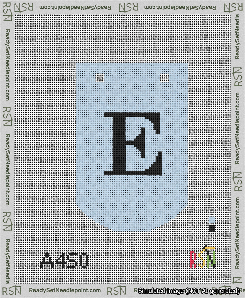 A taped needlepoint canvas with the design: Banner 13 mesh count Curved E Black on Light Blue.