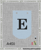 A taped needlepoint canvas with the design: Banner 13 mesh count Curved E Black on Light Blue.