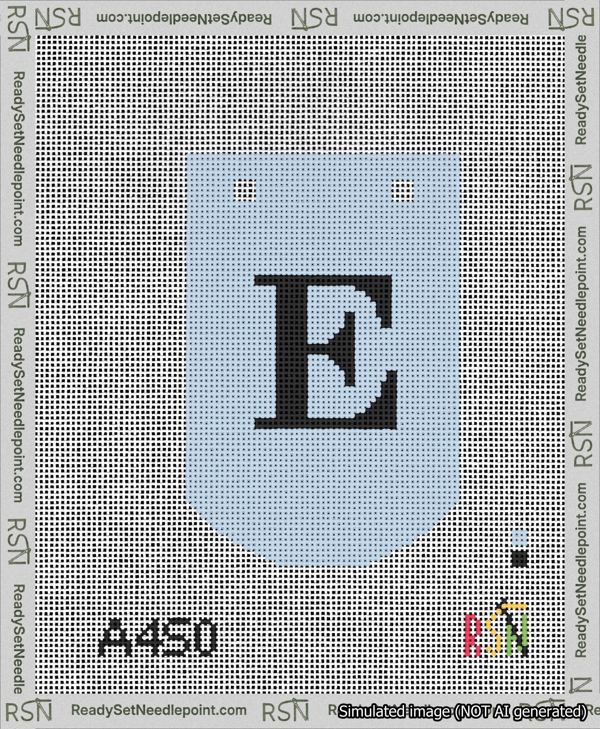 A taped needlepoint canvas with the design: Banner 13 mesh count Curved E Black on Light Blue.