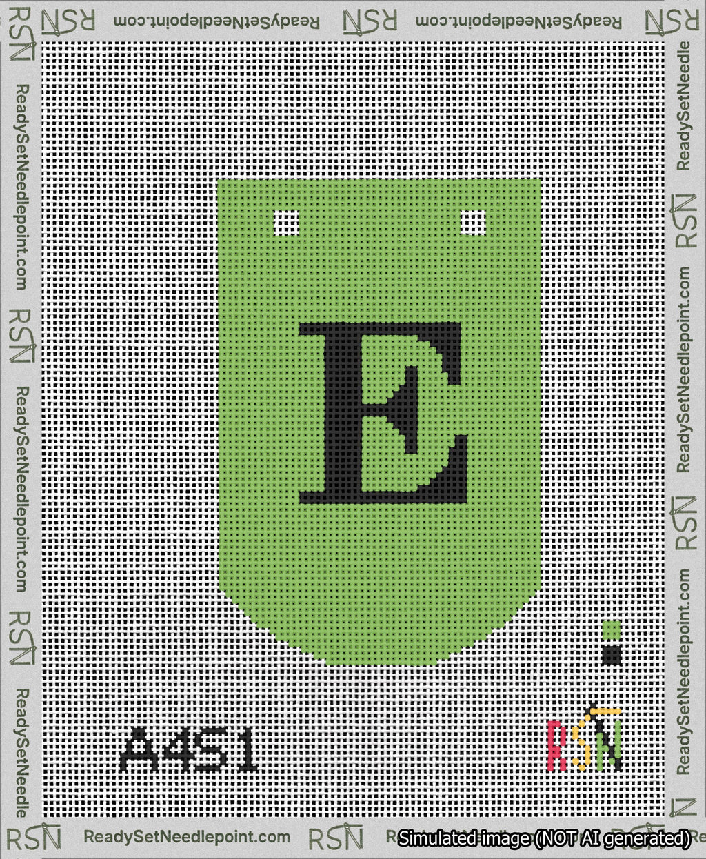 A taped needlepoint canvas with the design: Banner 13 mesh count Curved E Black on Light Green.