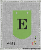 A taped needlepoint canvas with the design: Banner 13 mesh count Curved E Black on Light Green.