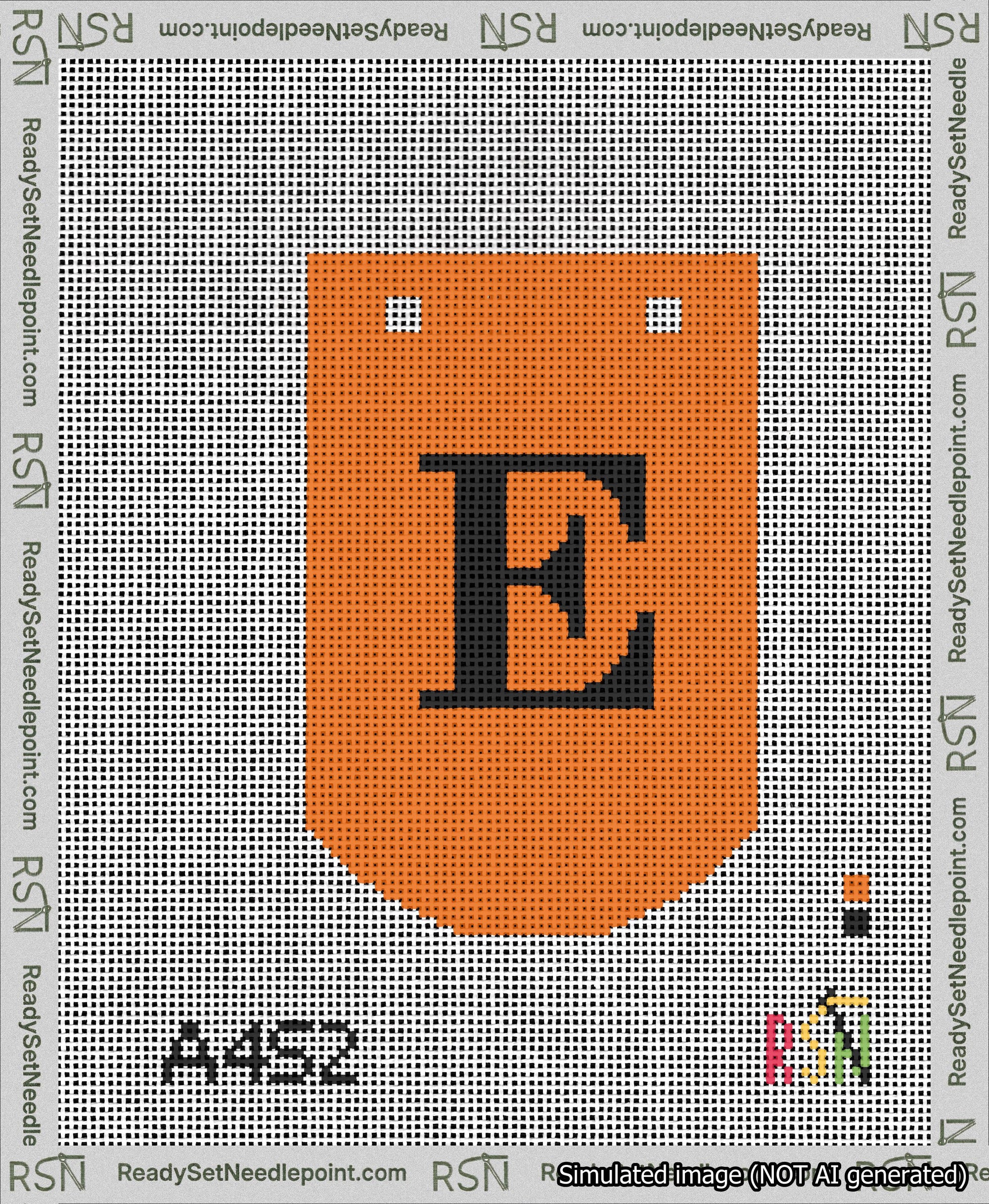 A taped needlepoint canvas with the design: Banner 13 mesh count Curved E Black on Orange.