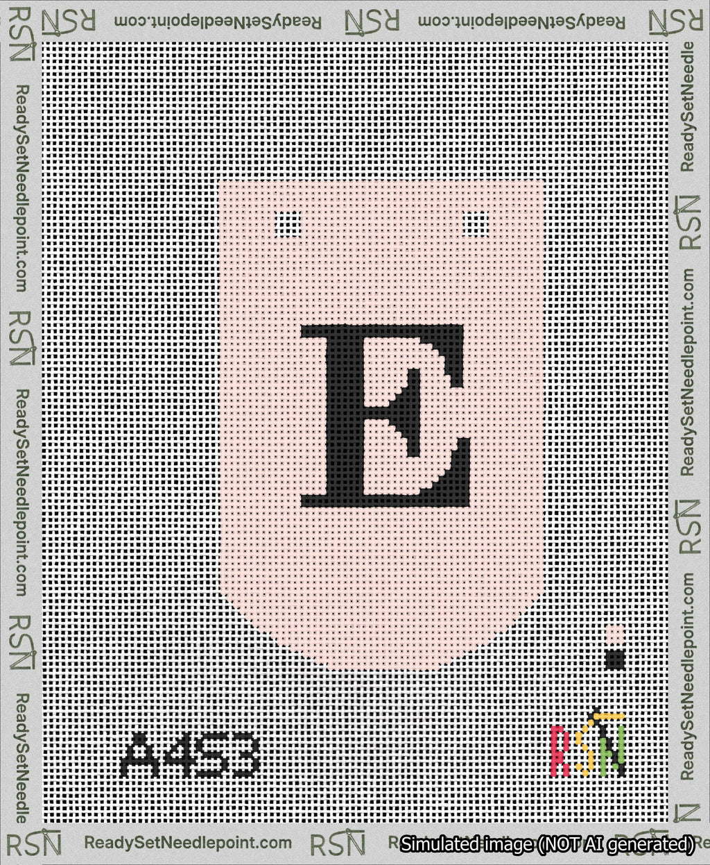 A taped needlepoint canvas with the design: Banner 13 mesh count Curved E Black on Pink.