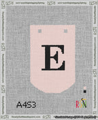 A taped needlepoint canvas with the design: Banner 13 mesh count Curved E Black on Pink.