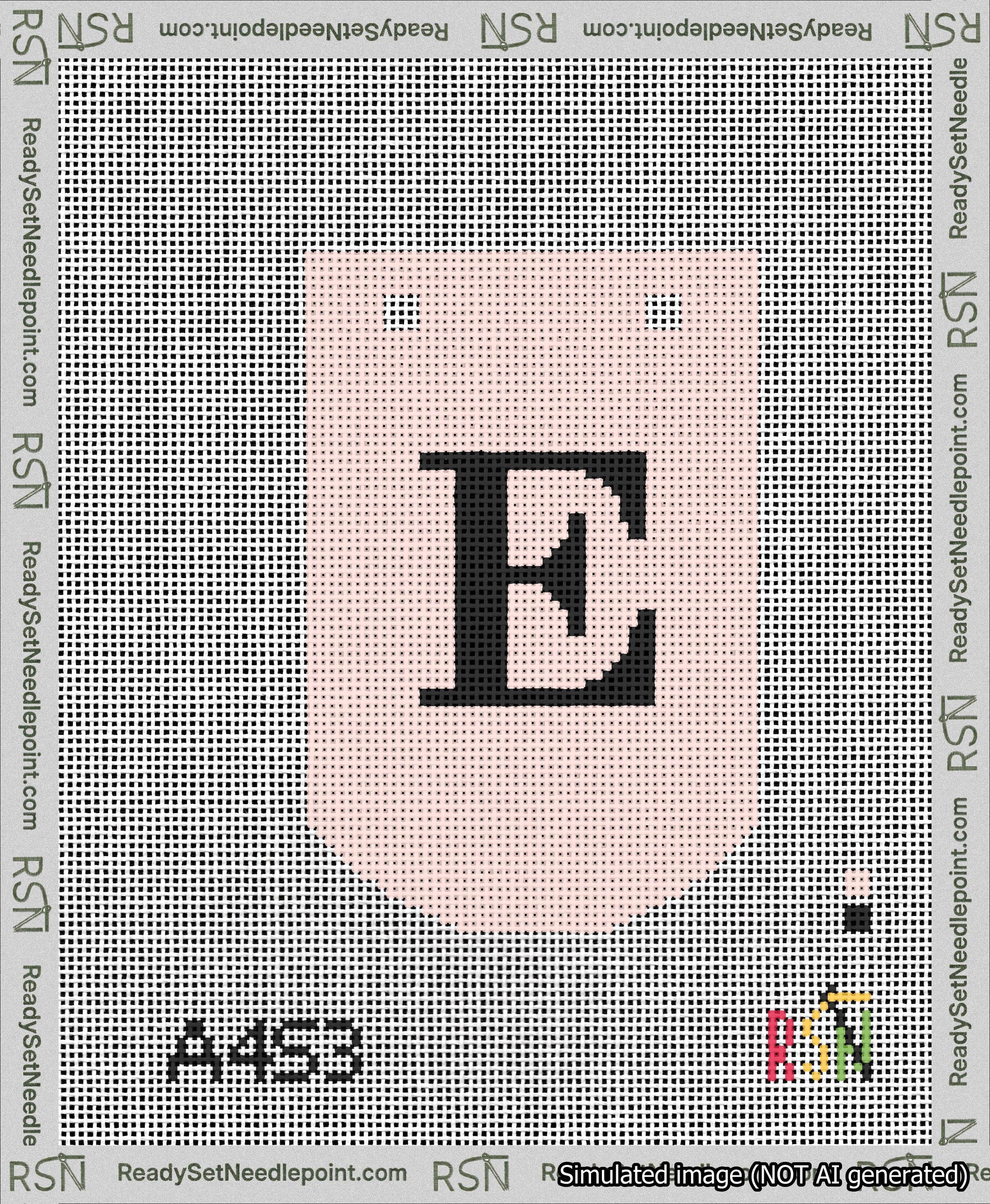 A taped needlepoint canvas with the design: Banner 13 mesh count Curved E Black on Pink.