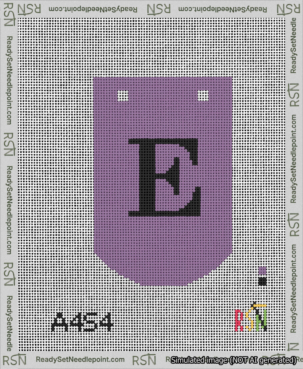A taped needlepoint canvas with the design: Banner 13 mesh count Curved E Black on Purple.
