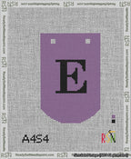 A taped needlepoint canvas with the design: Banner 13 mesh count Curved E Black on Purple.