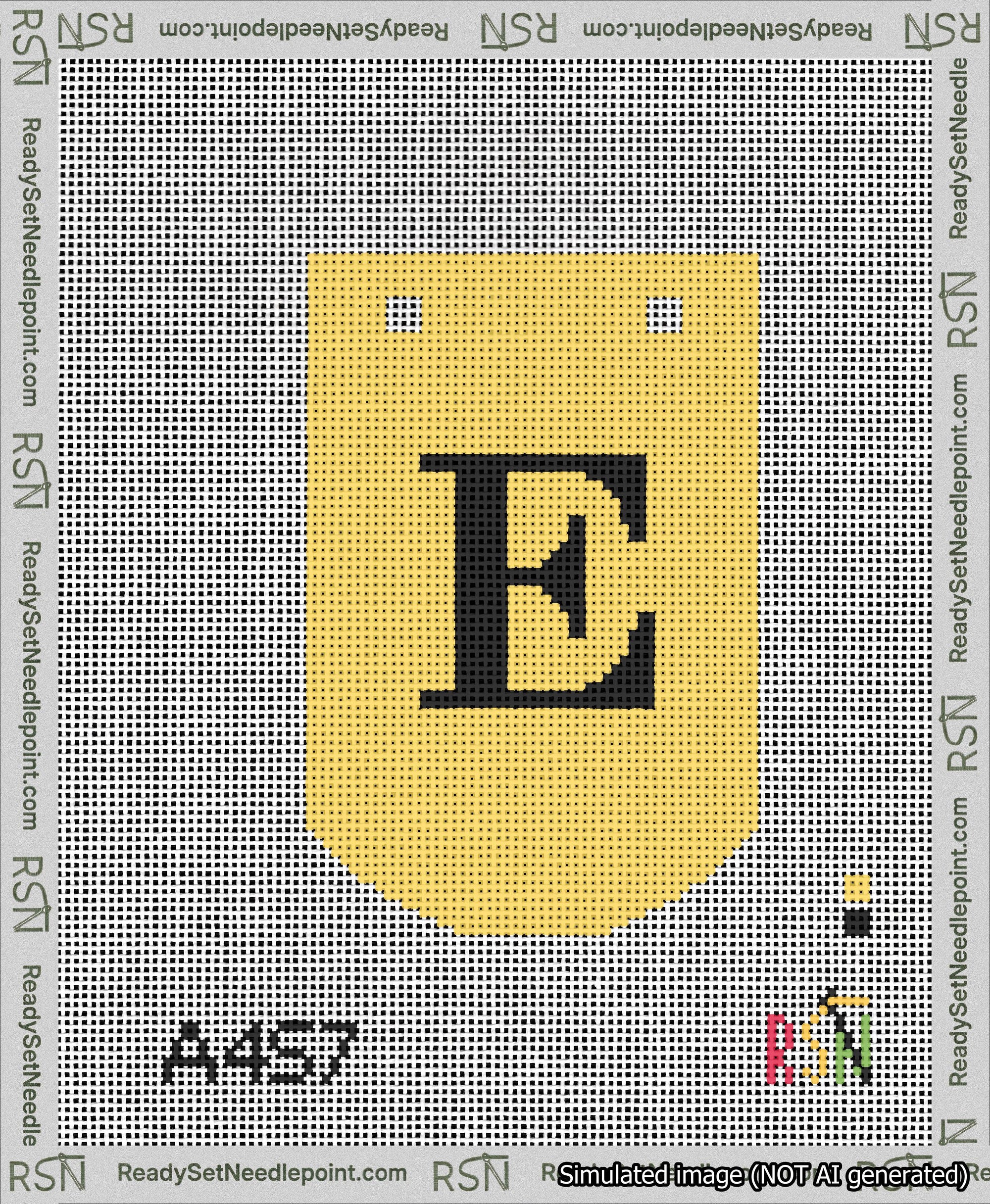 A taped needlepoint canvas with the design: Banner 13 mesh count Curved E Black on Yellow.