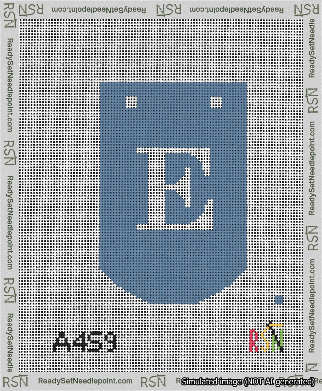A taped needlepoint canvas with the design: Banner 13 mesh count Curved E White on Blue.